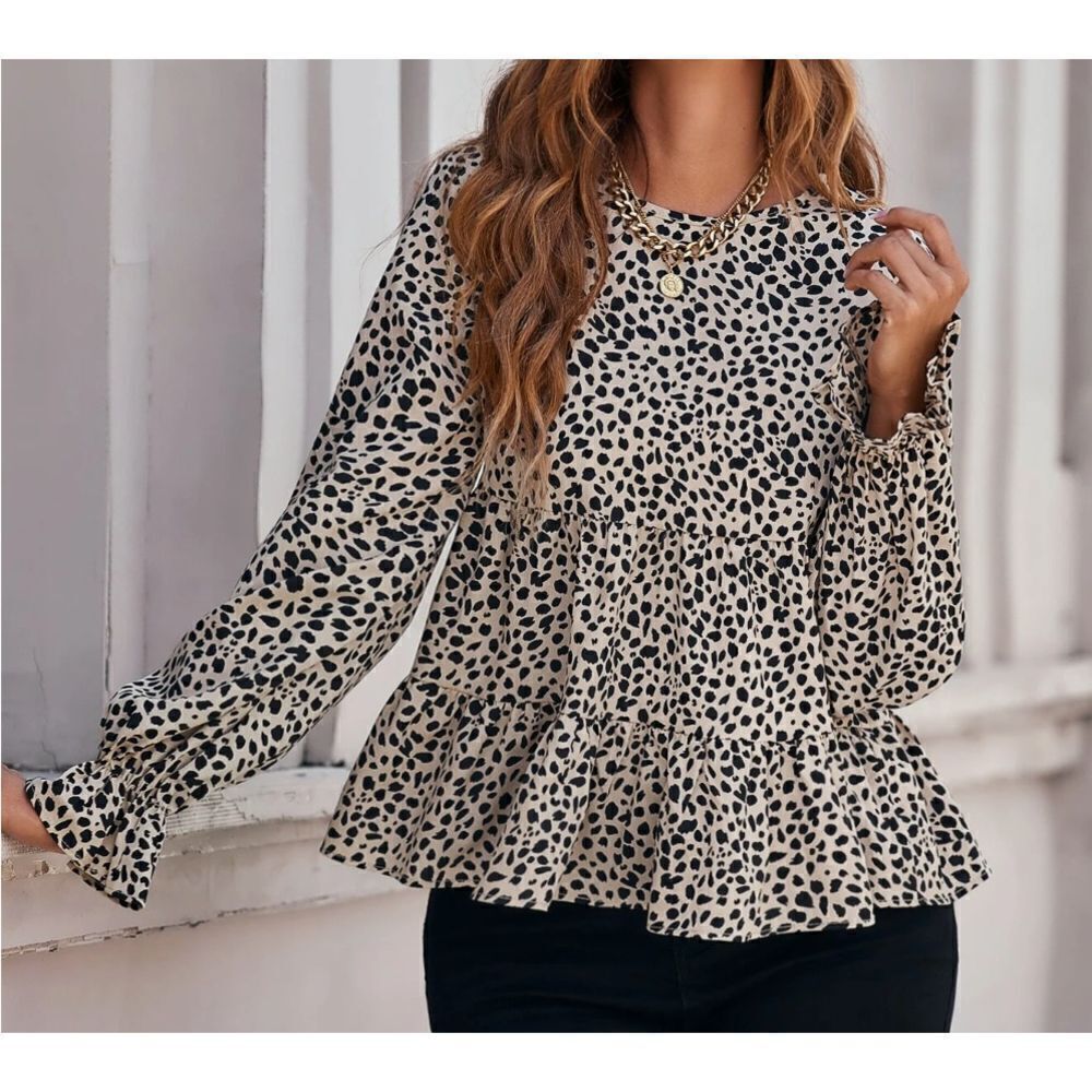 Women’s Dalmatian Print Flounce Sleeve Smock Top Casual Long Sleeve Roun…